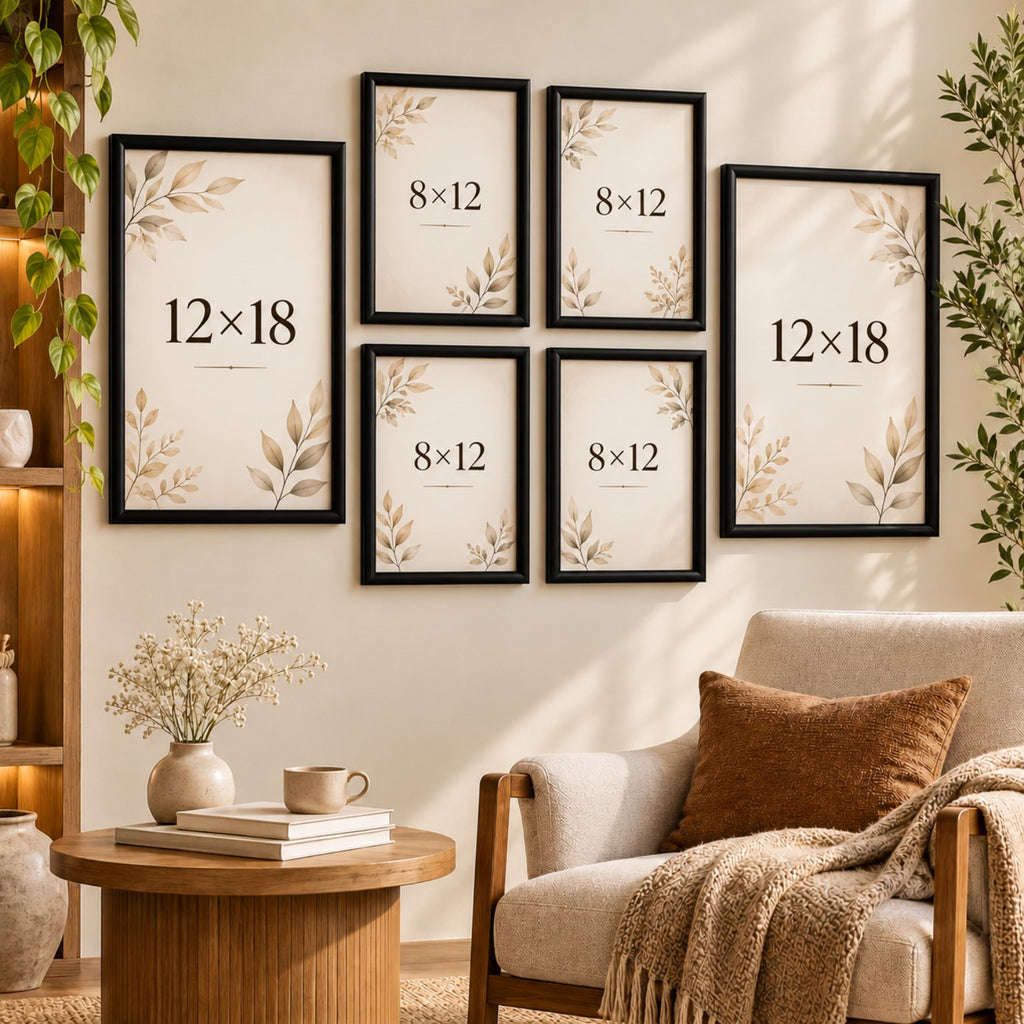 Botanical art frame set size guide: two 12x18 inch frames and four 8x12 inch frames