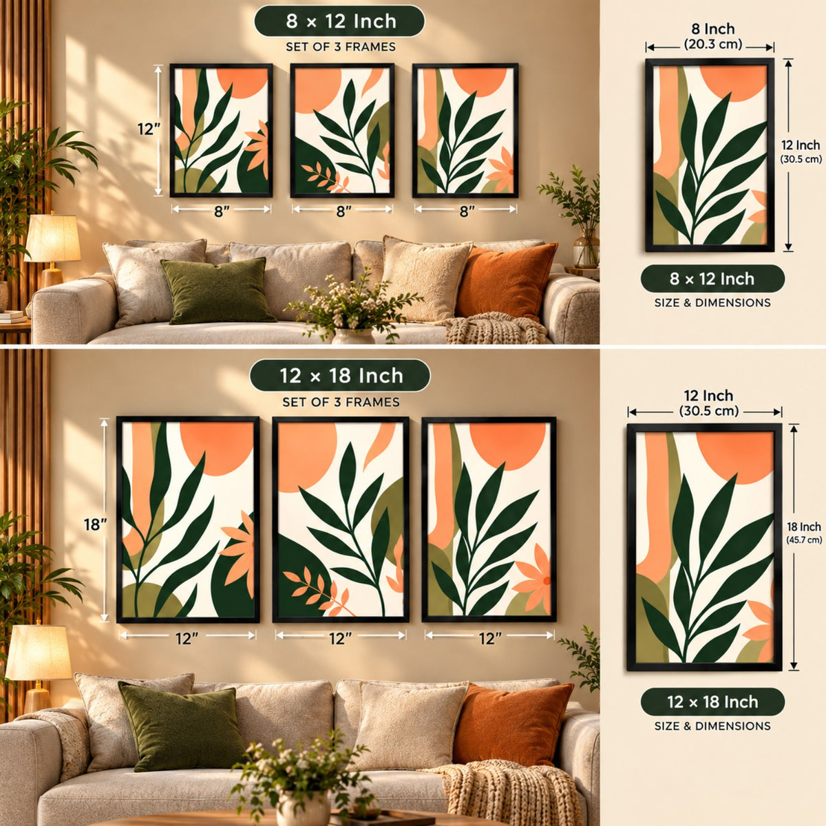 Modern Botanical Leaves wall art size and dimensions