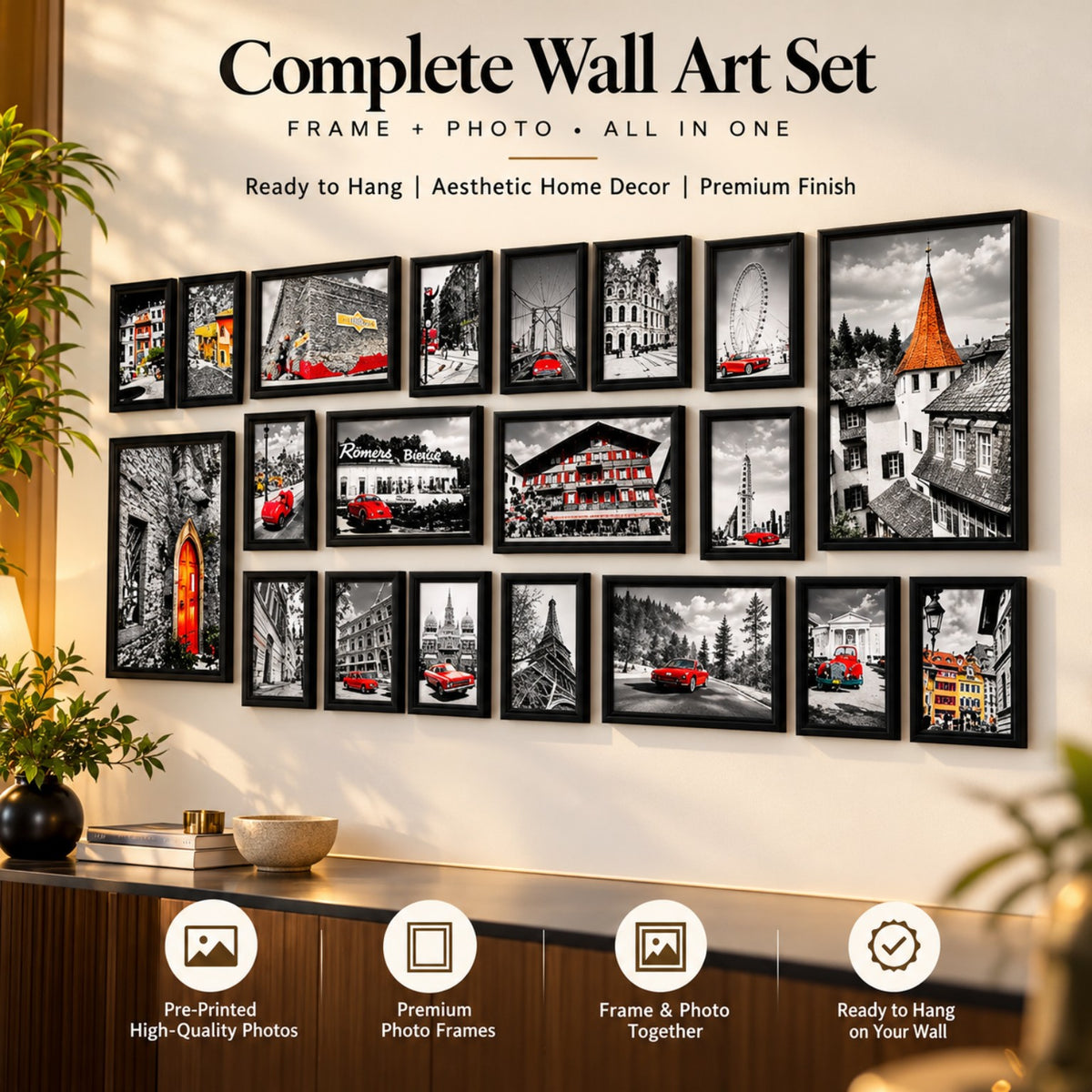 Complete Wall Art Set with photo frames and printed photos