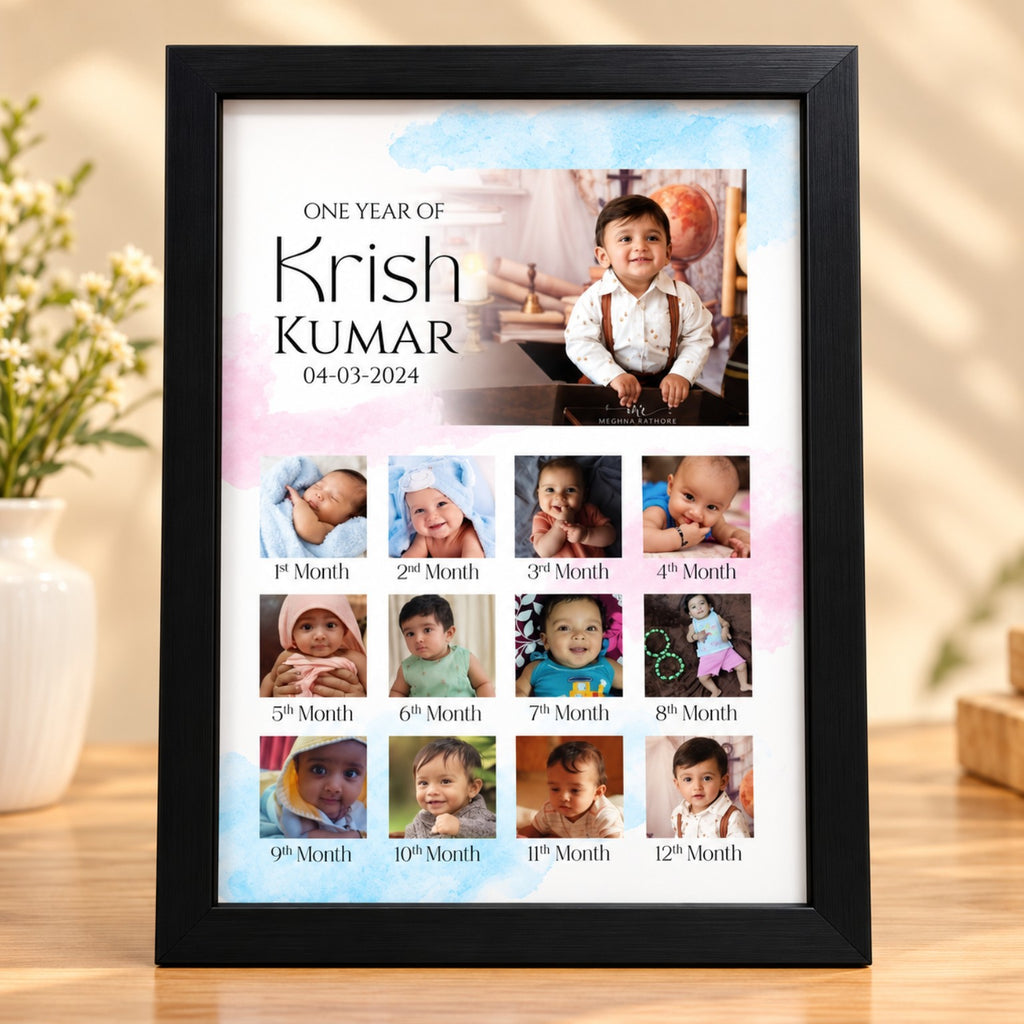Black framed personalized baby first-year milestone collage