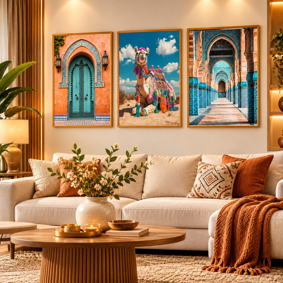 Warm desert archway and camel wall art in wooden frames