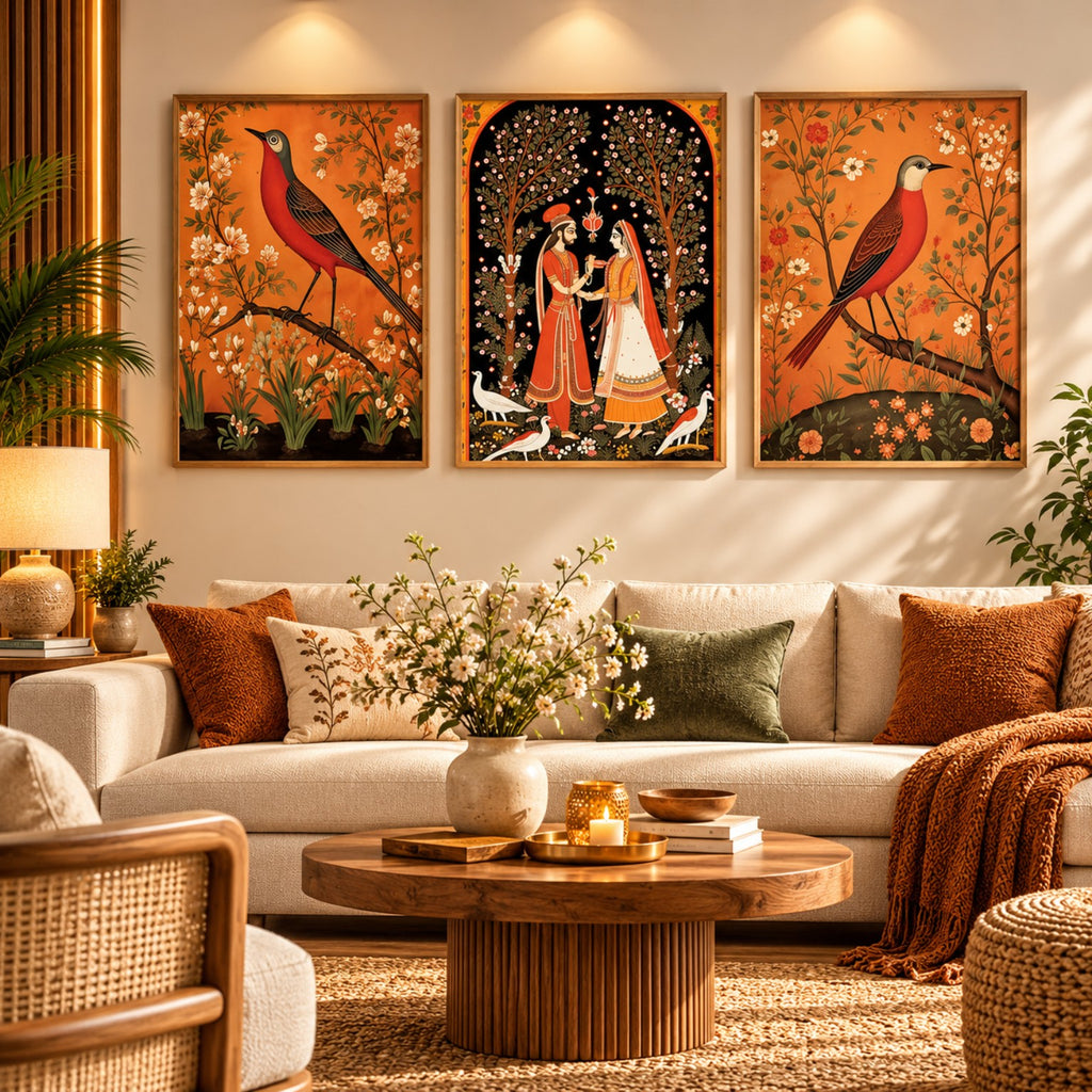 Indian folk birds and romantic folk art framed wall set