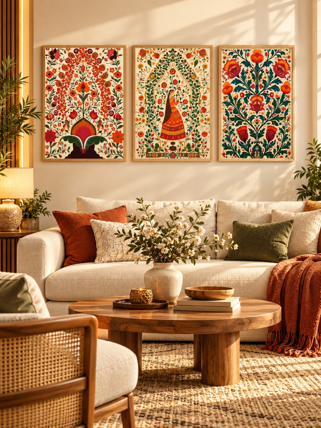 Colourful Indian floral folk art framed wall set