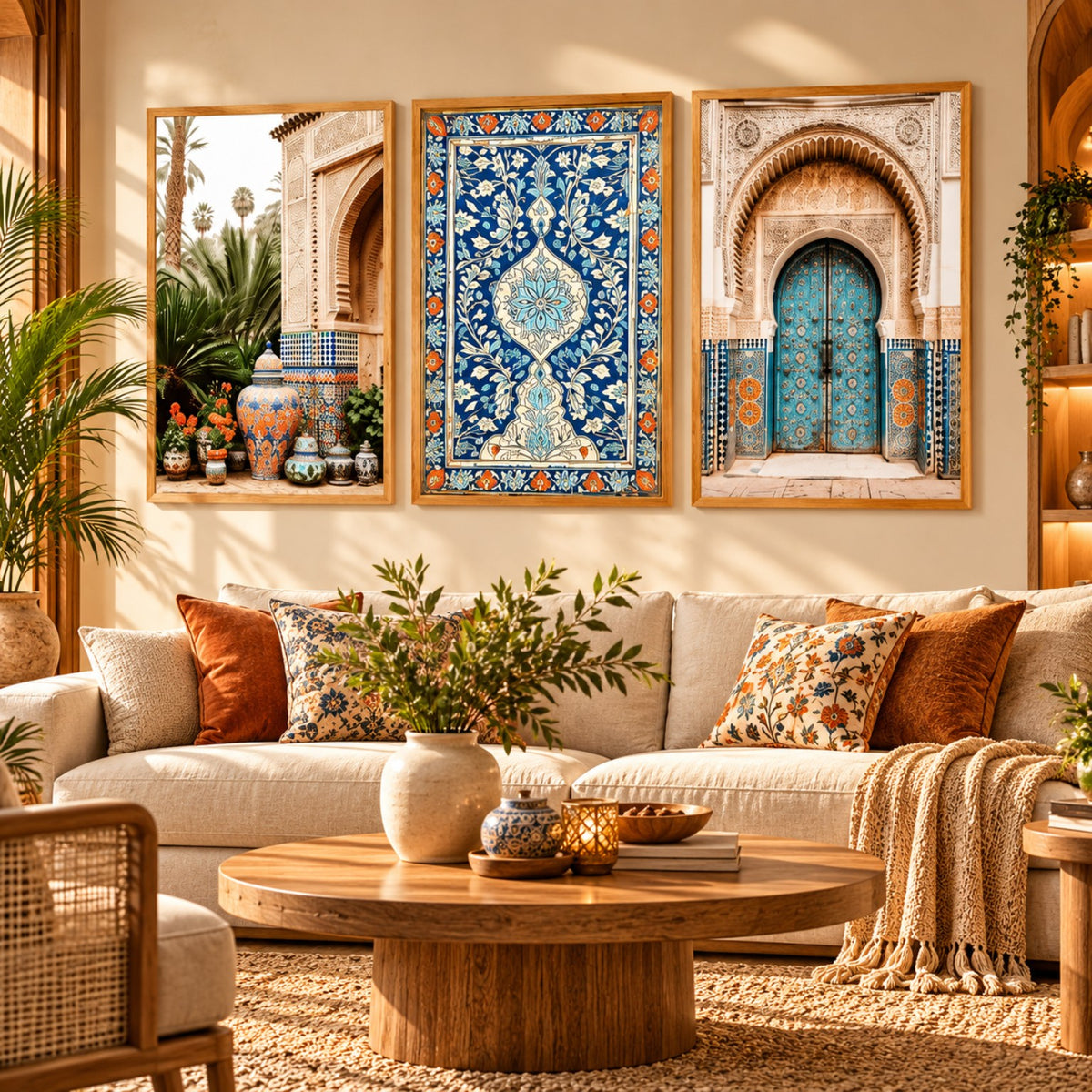 Blue and white Moroccan tile inspired framed wall art