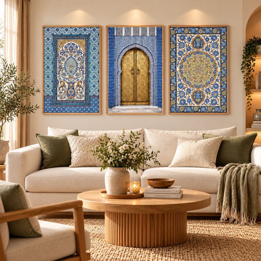 Blue Moroccan medallion and ornate tile framed wall art