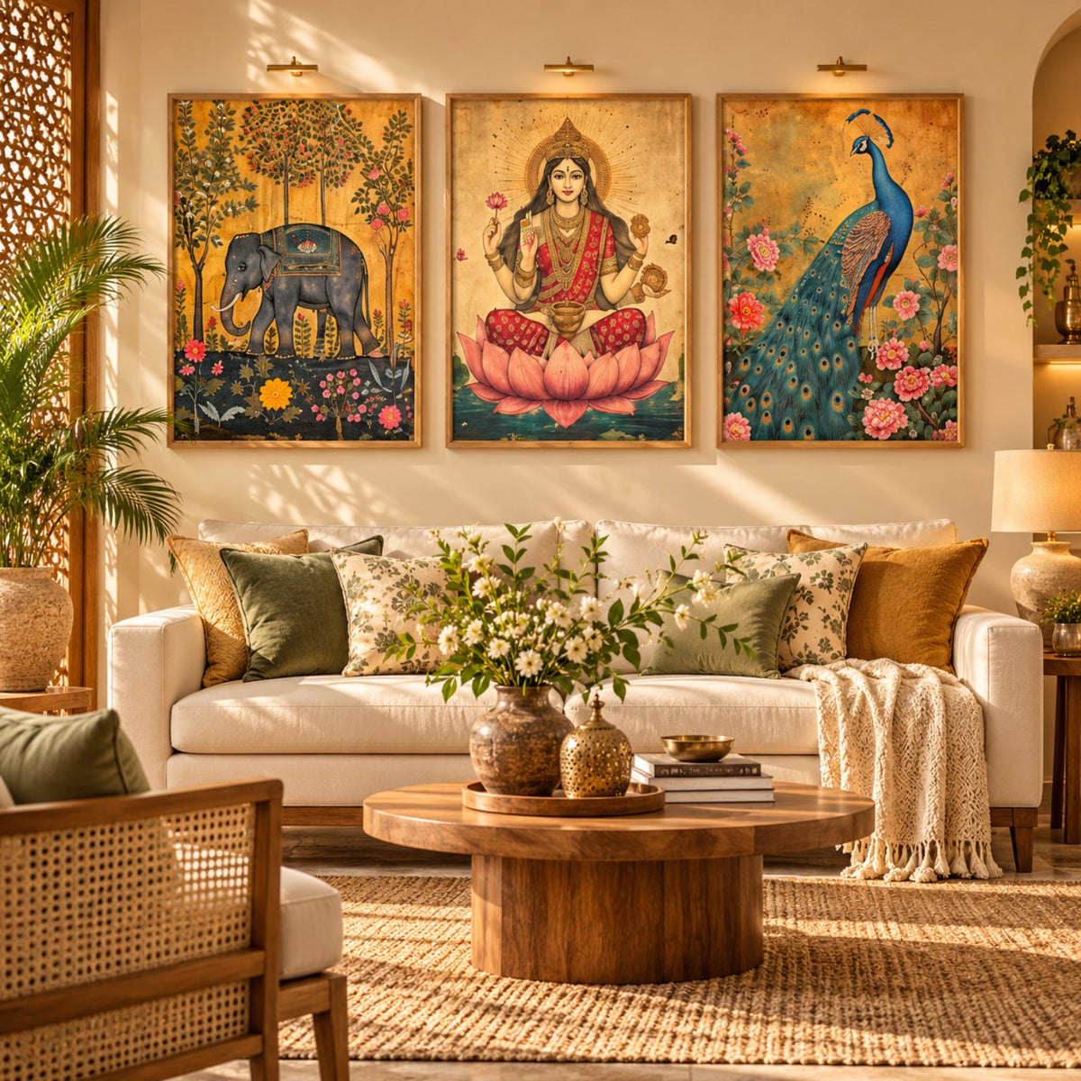 Indian heritage elephant, lotus and peacock framed wall set