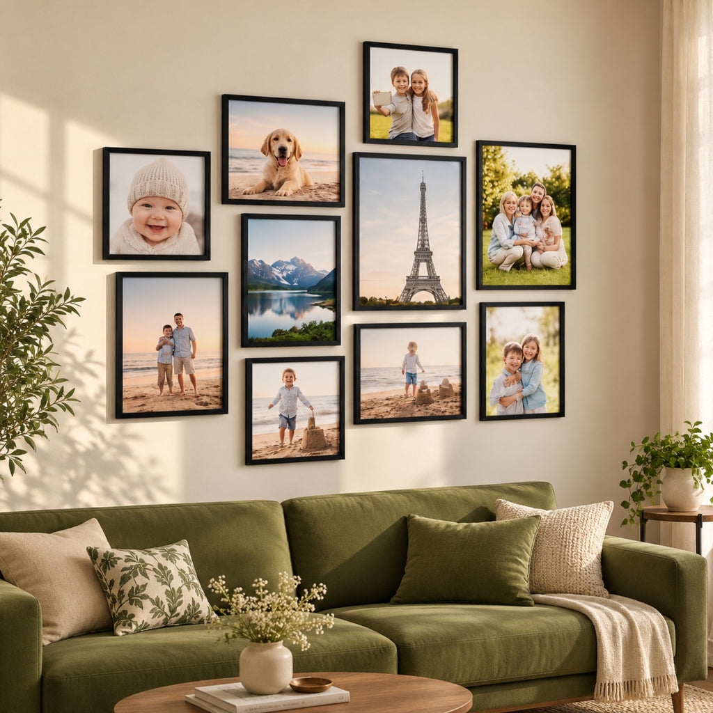 Black collage photo frame set displayed on a living room wall above an olive green sofa