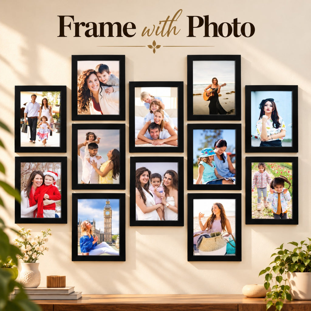 Black collage frame set displayed on a warm cream wall