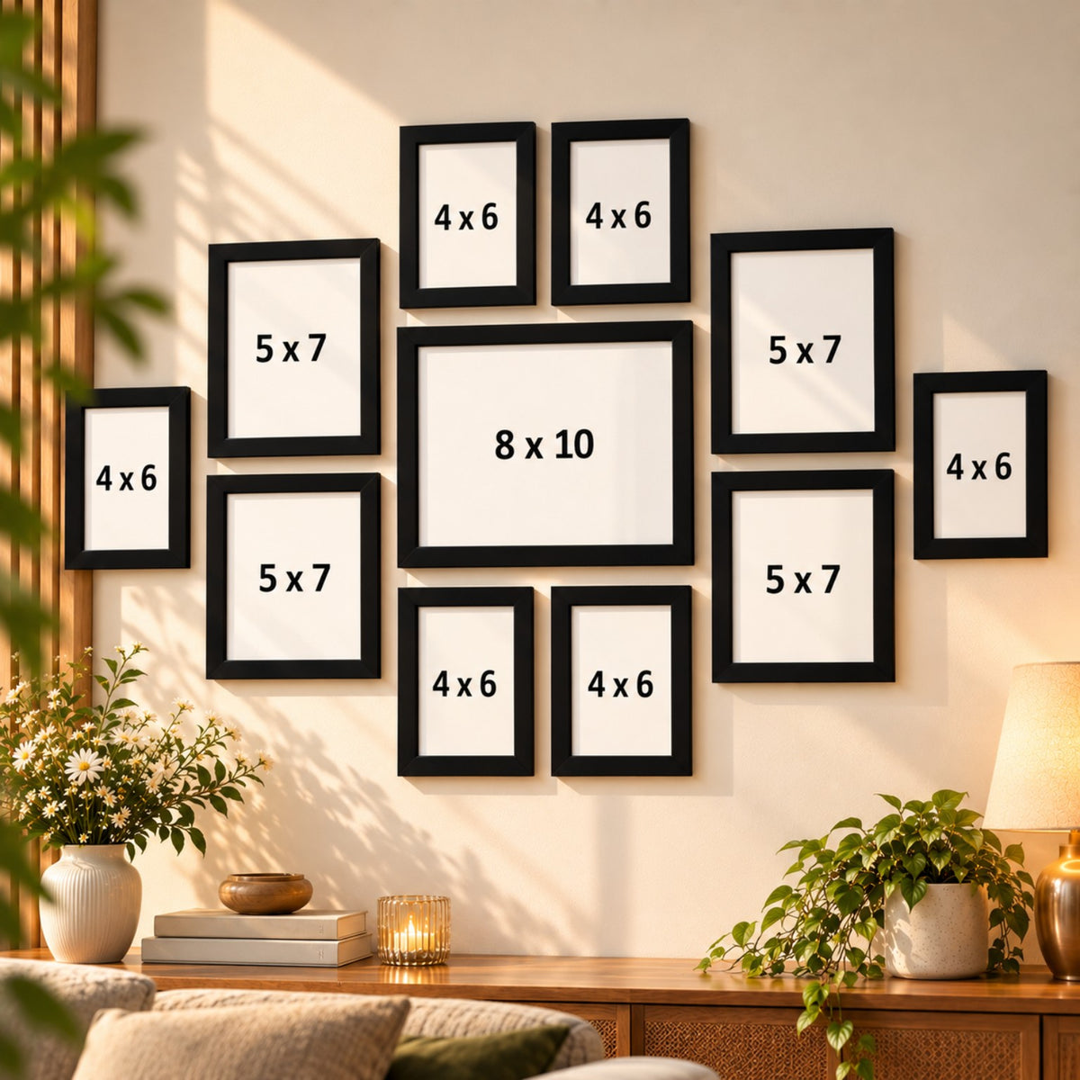 Size guide for the 11-piece collage frame set: six 4 x 6 inch, four 5 x 7 inch, and one 8 x 10 inch frames
