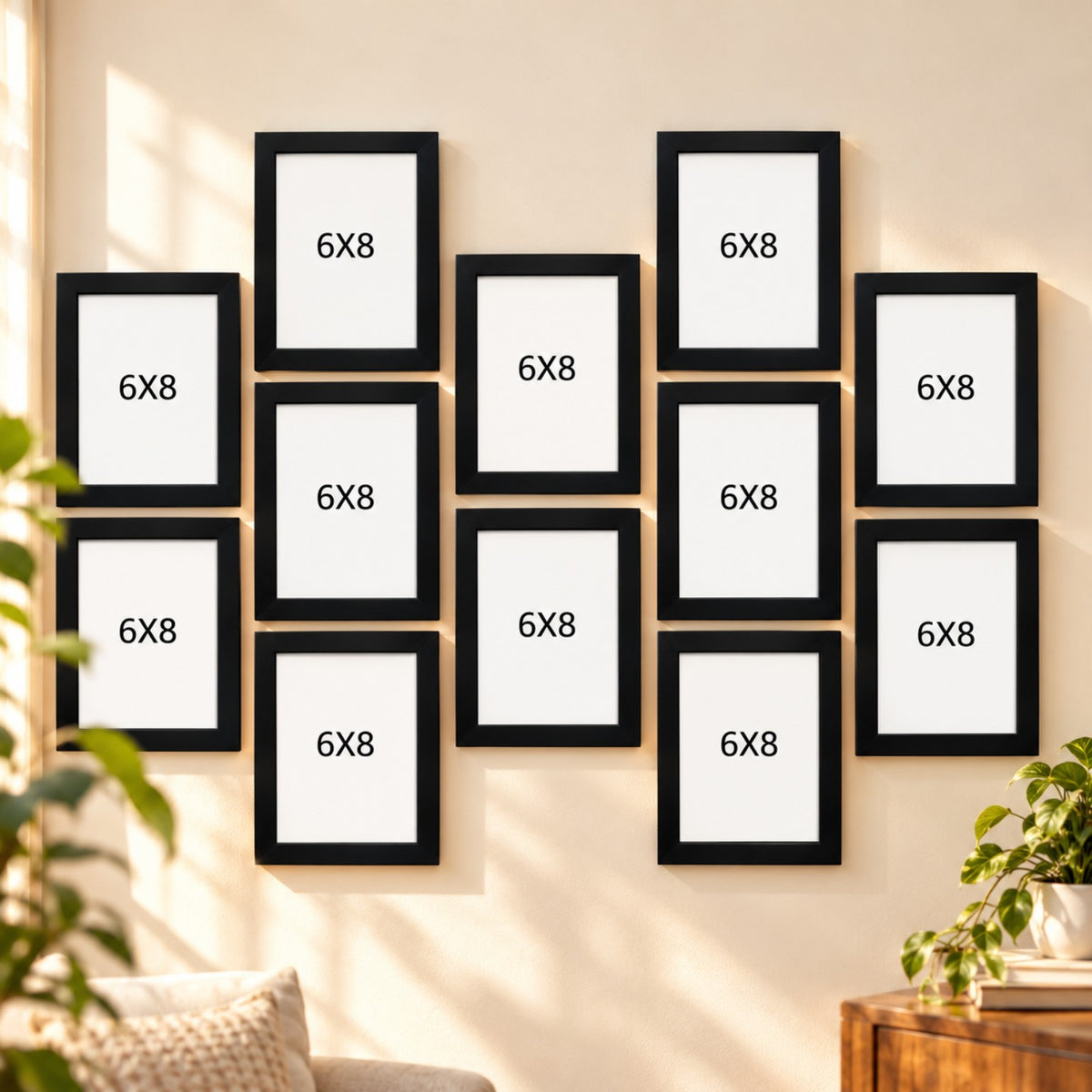 Size guide showing twelve black collage frames labelled 6x8 inches