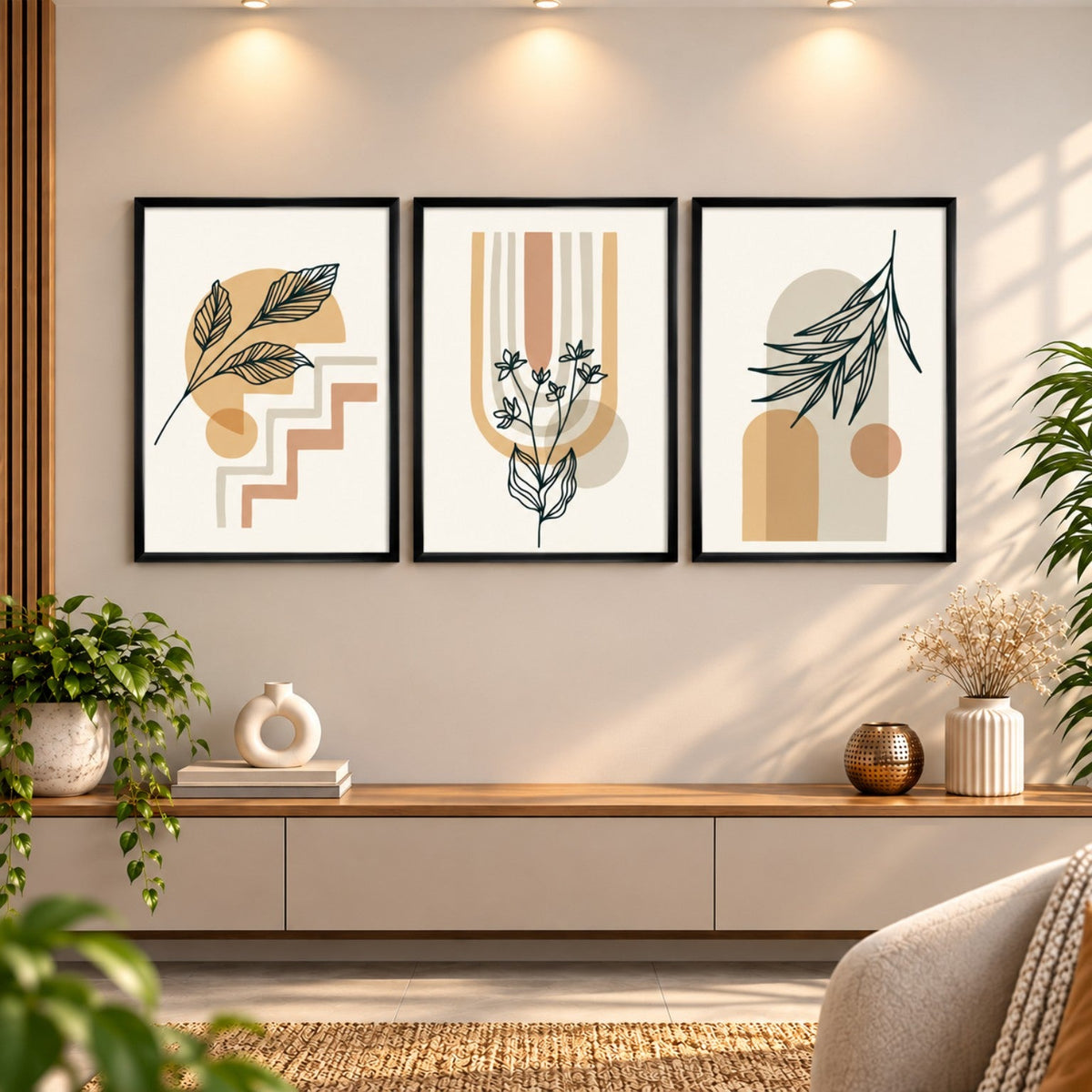 Black frame Botanical Harmony wall art in living room