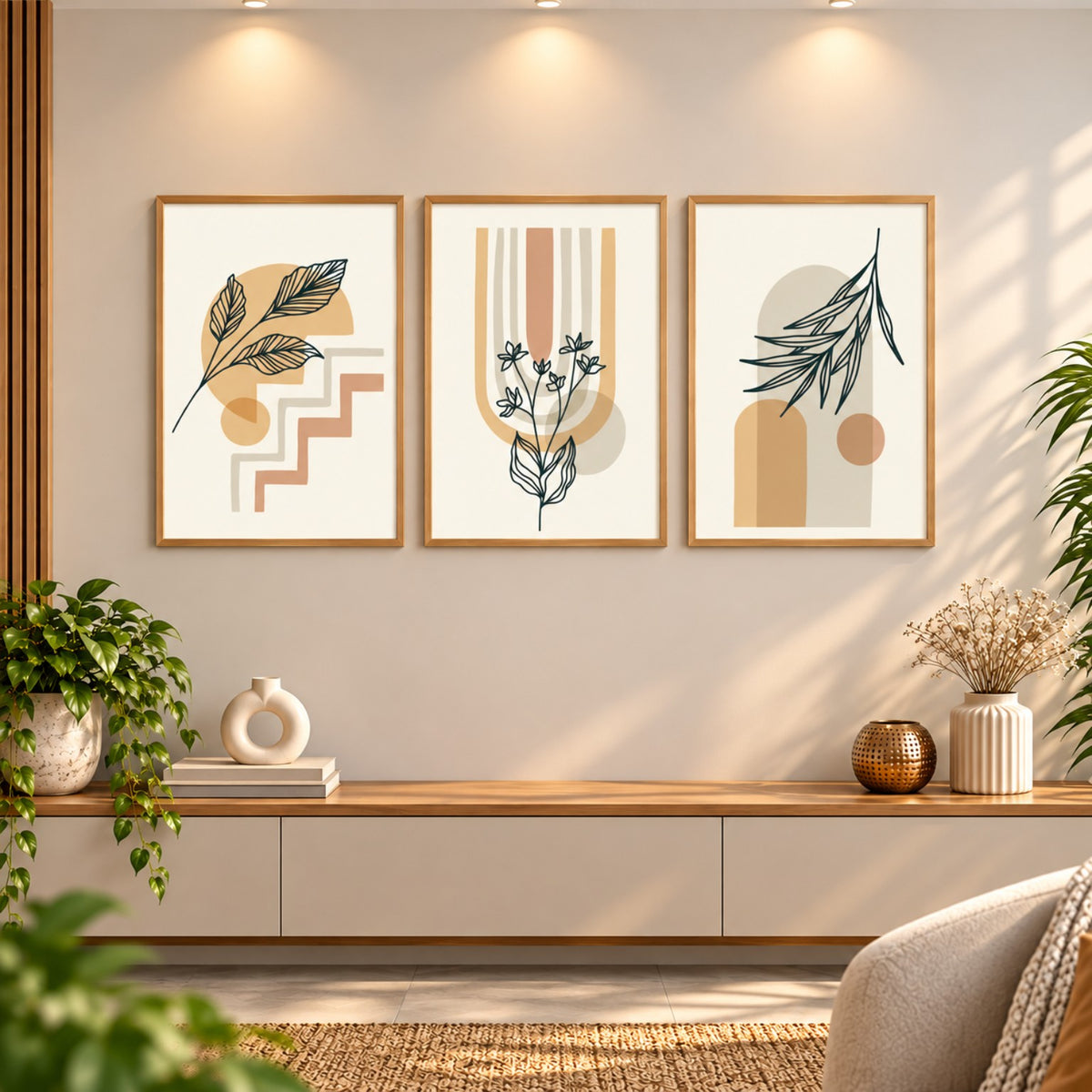 Wooden frame Botanical Harmony wall art in living room