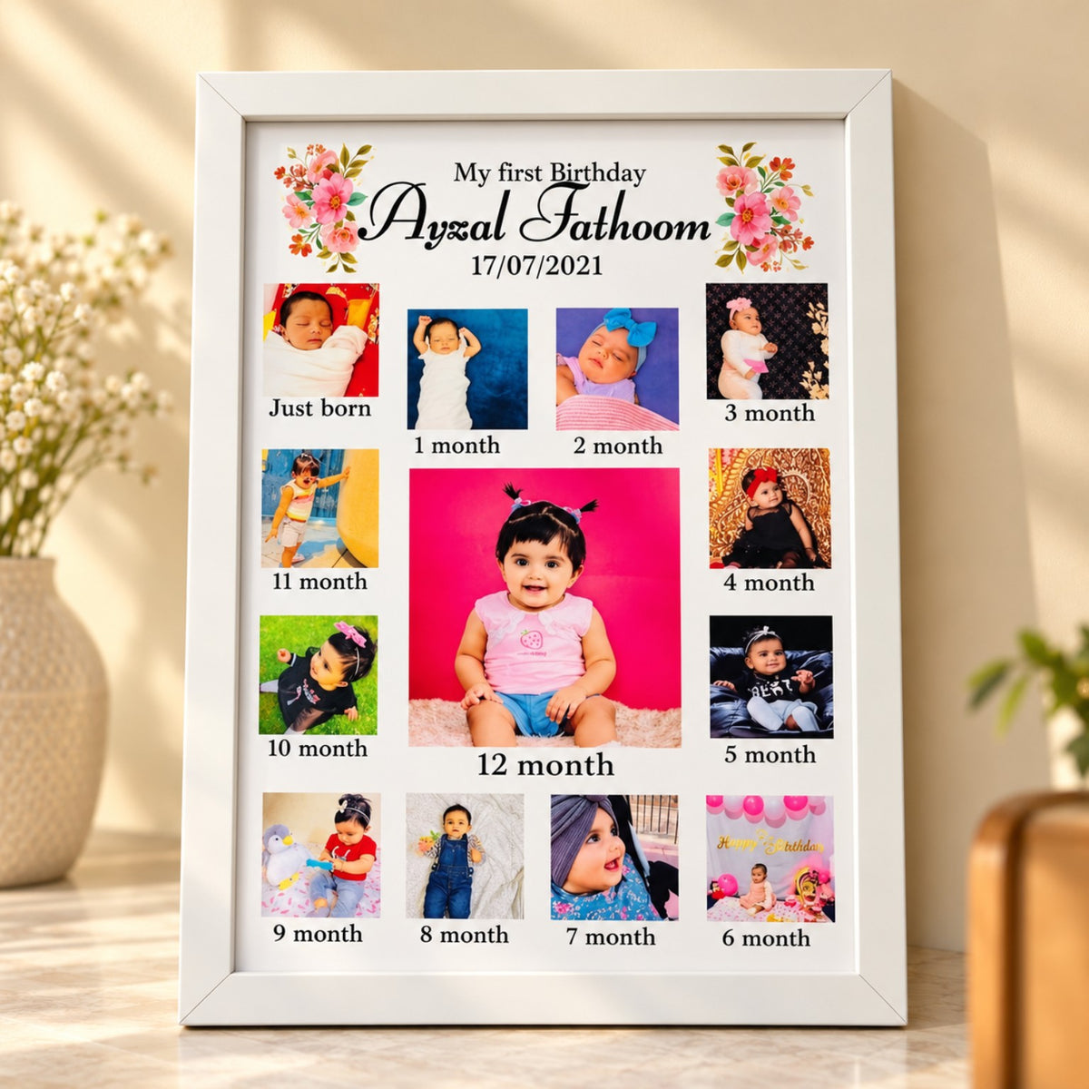Personalized first birthday baby photo collage frame