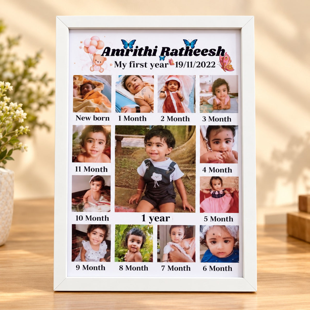 White frame with baby monthly milestone photo collage