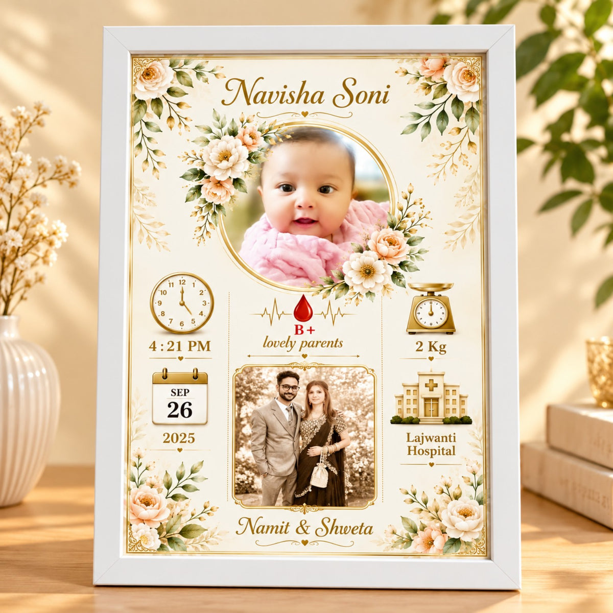 White floral personalized baby birth details frame