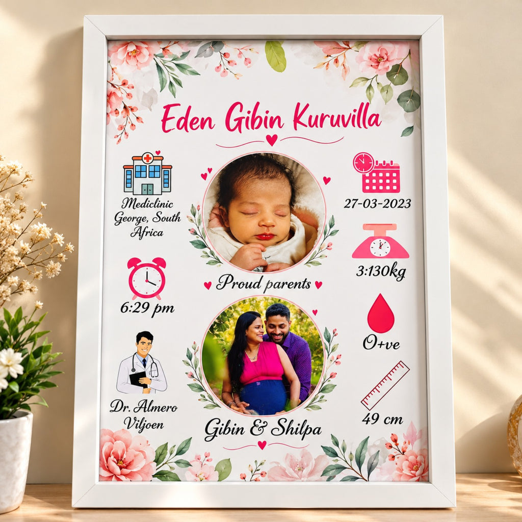 Floral newborn birth announcement frame with baby and parents