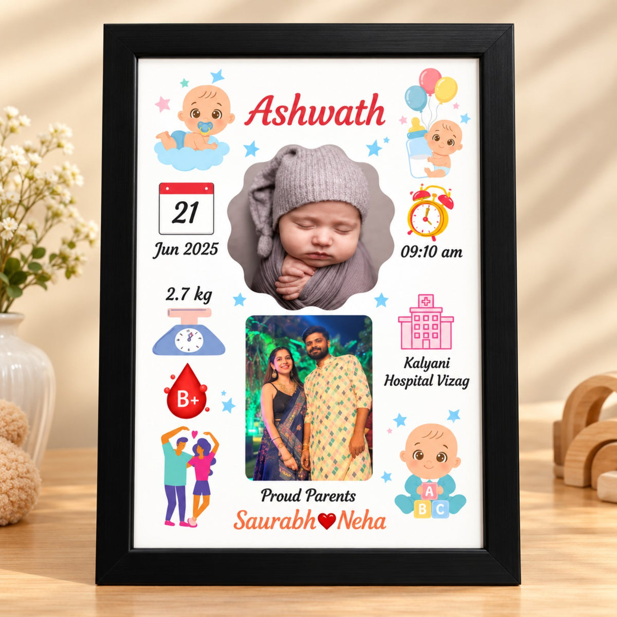 Black framed personalized newborn birth stats photo design
