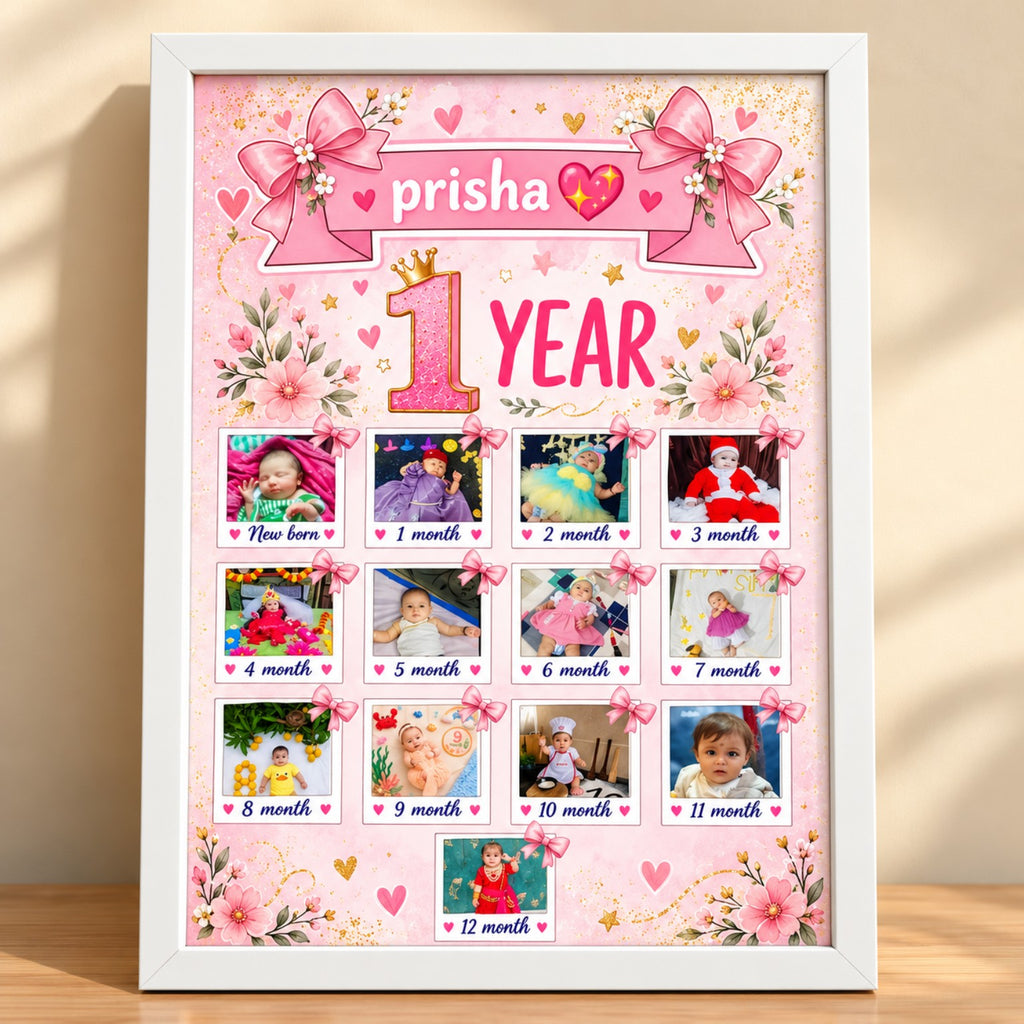 Pink princess themed baby first-year milestone frame