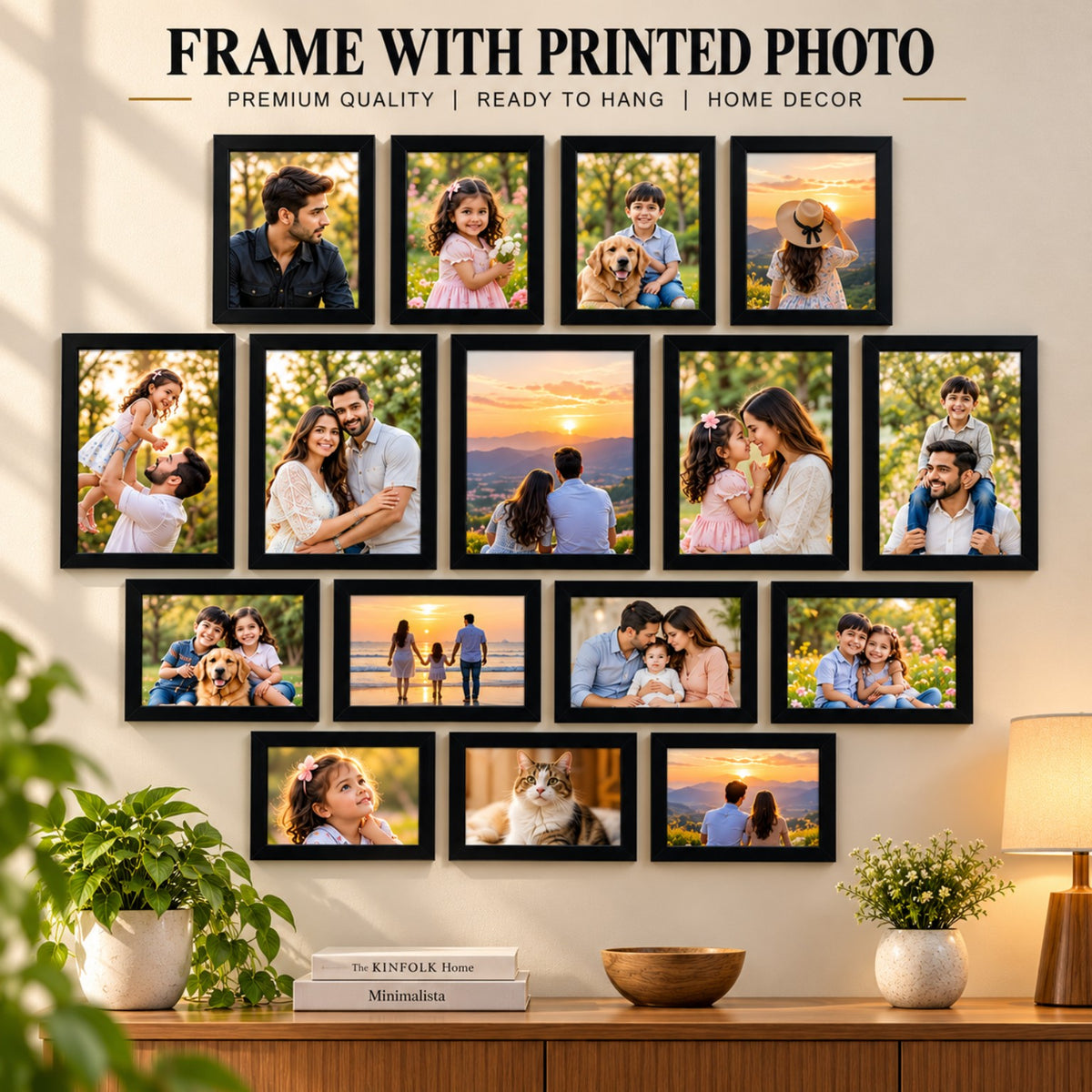 Black wall photo frame collage set with printed photos displayed on a living room wall