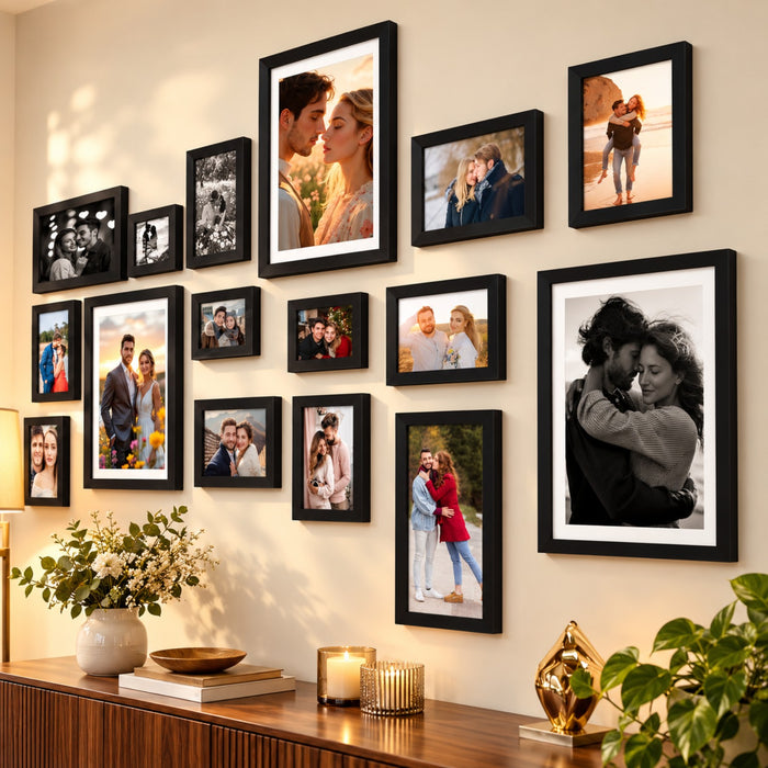 Black wall photo frame collage set displayed in an elegant living room