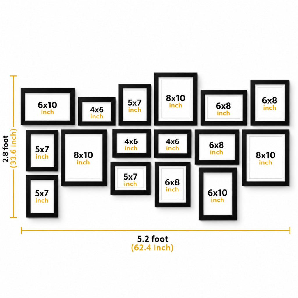 Wall Photo Frame Collage Set of 17 size guide showing mixed frame sizes and overall layout