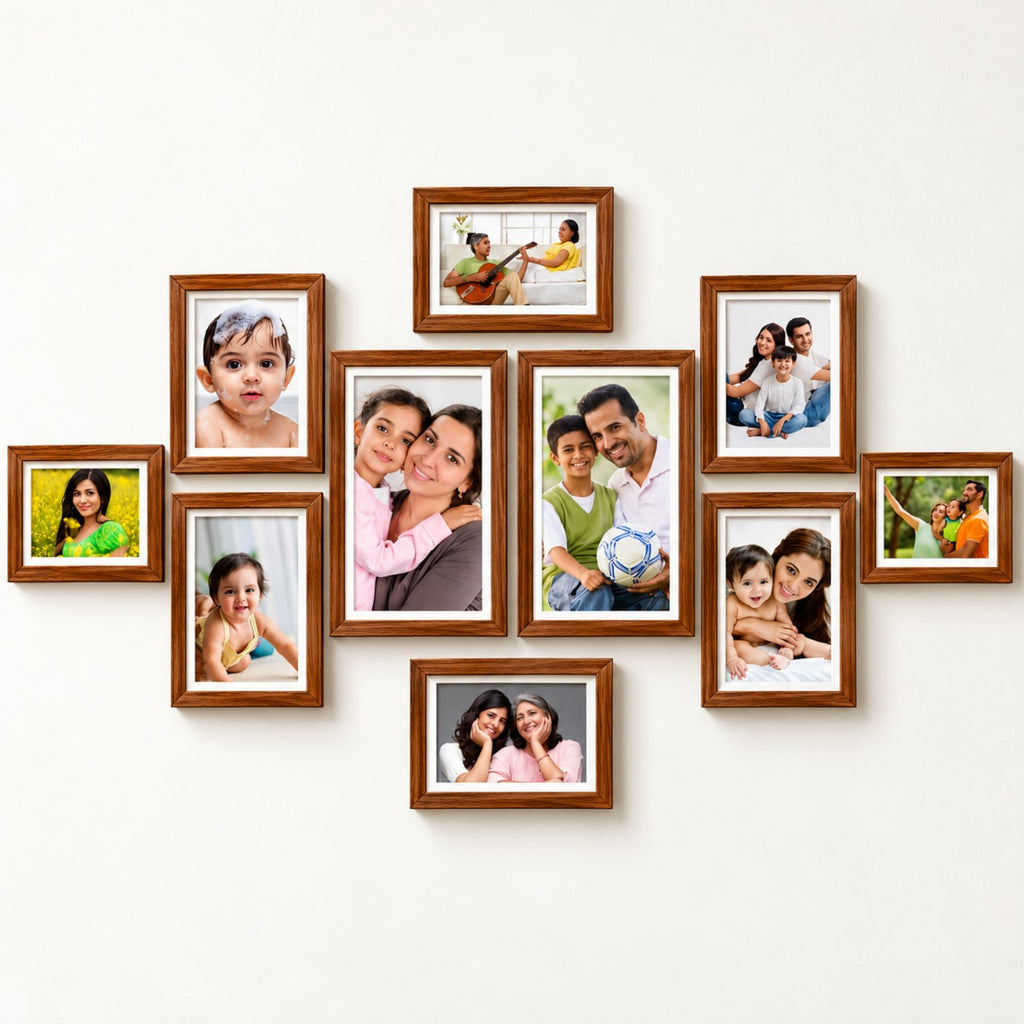 Wooden photo frame collage set of 10 displayed on a bright living room wall