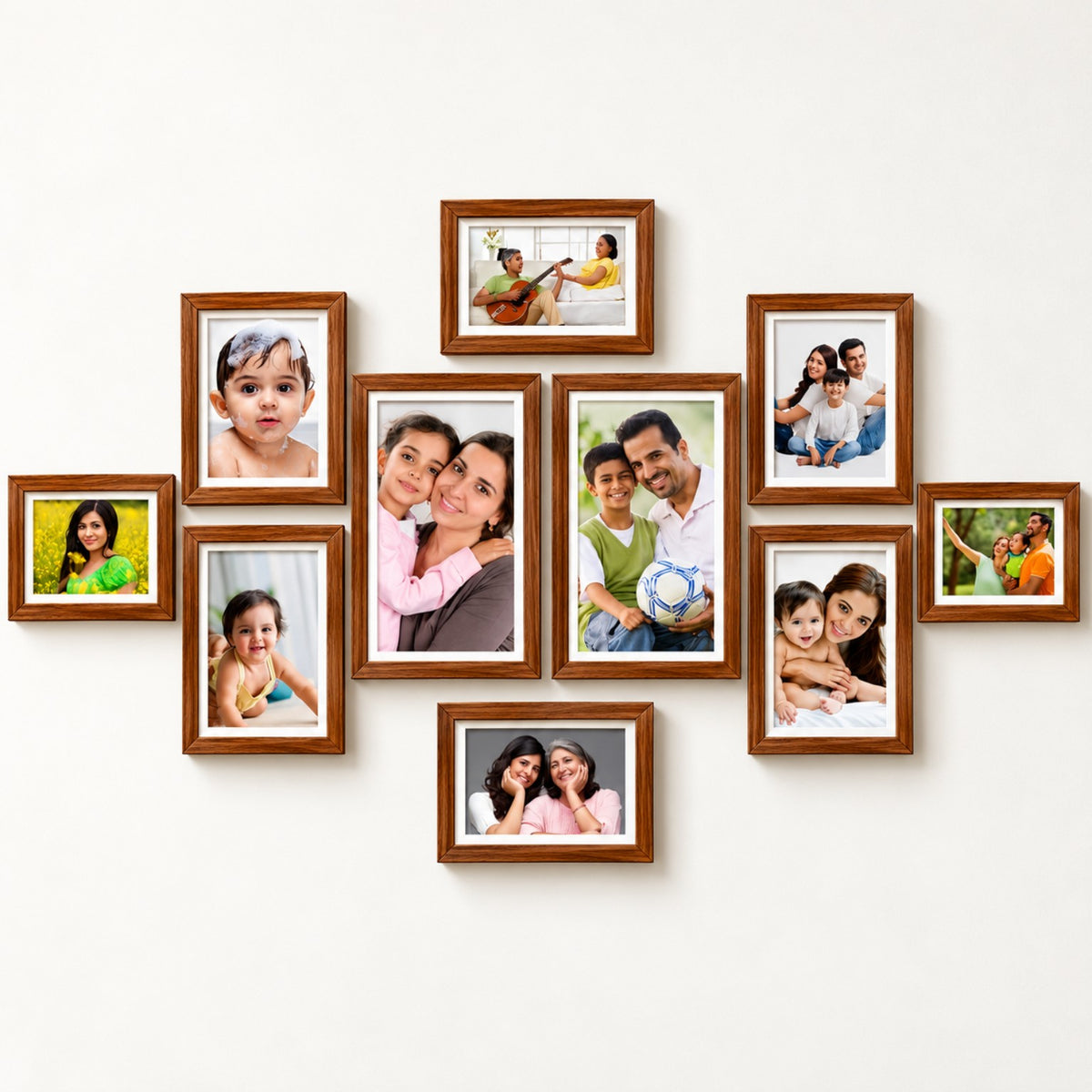 Wooden photo frame collage set of 10 displayed on a bright living room wall