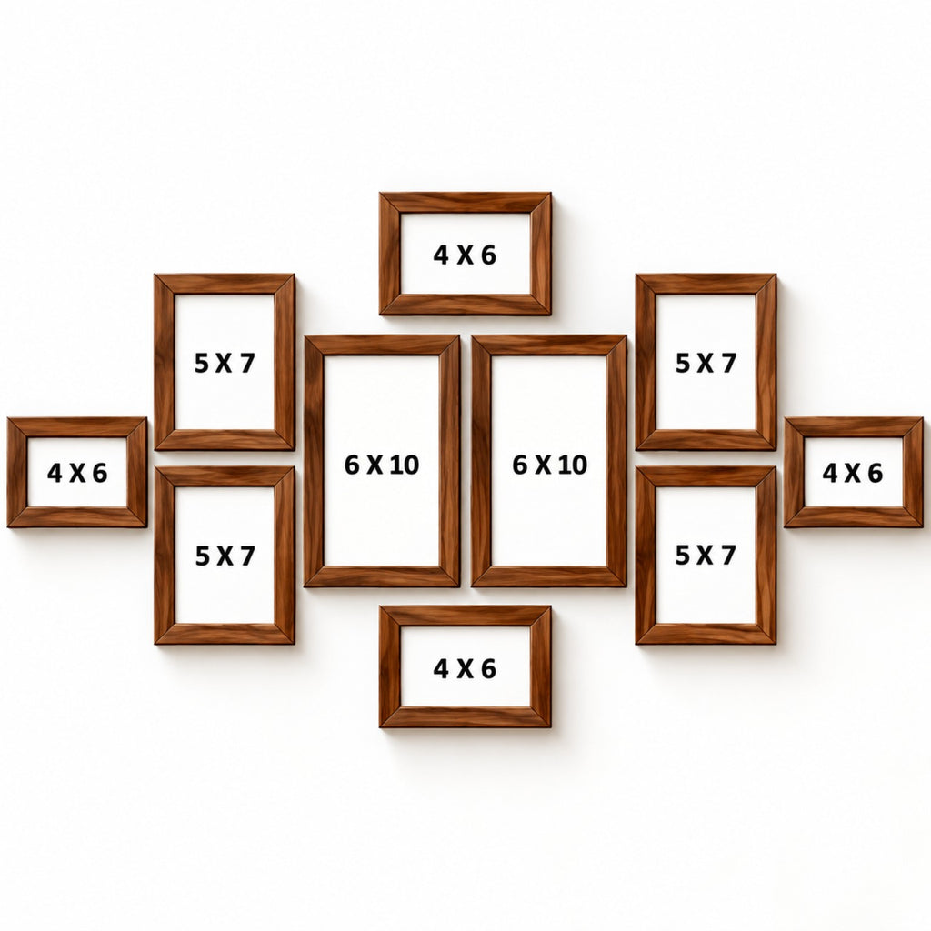 Wooden photo frame collage set of 10 size guide showing 4x6, 5x7 and 6x10 inch frames
