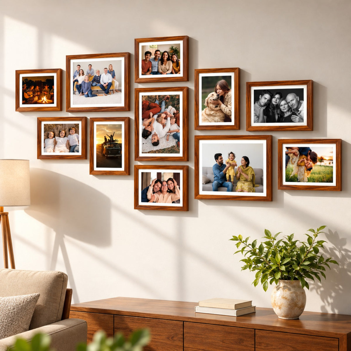 Wooden photo frame set of 12 displayed on a living room wall