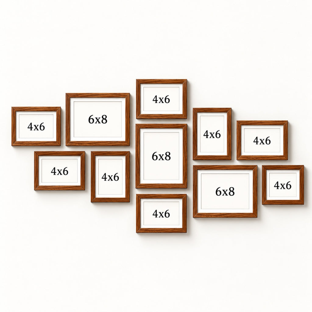 Wooden photo frame set of 12 size guide showing 4x6 and 6x8 inch frames